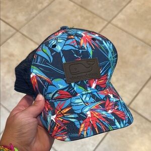 NEW Vineyard Vines Tropical Floral Leather Whale Logo Patch Trucker Baseball Hat